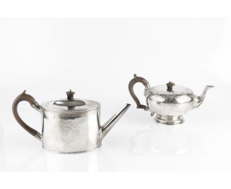 A GEORGE III SILVER TEAPOT, of oval section, with bright cut decoration, and fruitwood handle and knop, by William Vincent, L