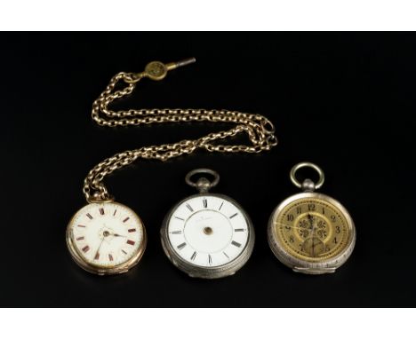 THREE FOB WATCHES, comprising a white metal fob watch, with Arabic numerals, subsidiary seconds dial and black enamel decorat