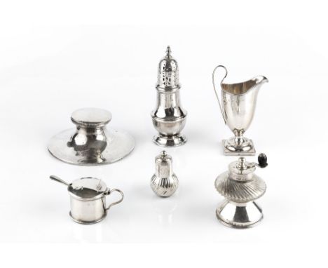 A VICTORIAN SILVER PEDESTAL CREAM JUG, on square foot by Stokes &amp; Ireland Ltd, Birmingham 1876, 13.5cm high; other silver
