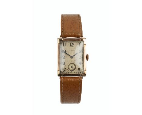 TWO WRISTWATCHES, the first a gentleman's 9ct gold cased wristwatch, the rectangular silvered dial with Arabic numerals and s