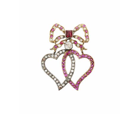 A 19TH CENTURY RUBY AND DIAMOND DOUBLE-HEART BROOCH/PENDANT, designed as two entwined openwork hearts, individually set with 