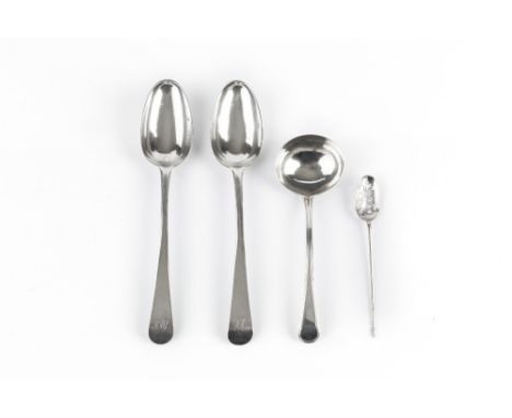 A PAIR OF GEORGE III IRISH SILVER OLD ENGLISH PATTERN TABLESPOONS, maker's initials W.F, Dublin 1768; an 18th Century silver 
