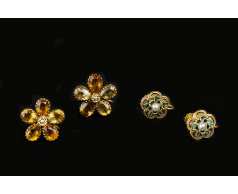 A COLLECTION OF GEM SET EAR CLIPS, comprising a pair of citrine and seed pearl flowerhead cluster ear clips, with later screw