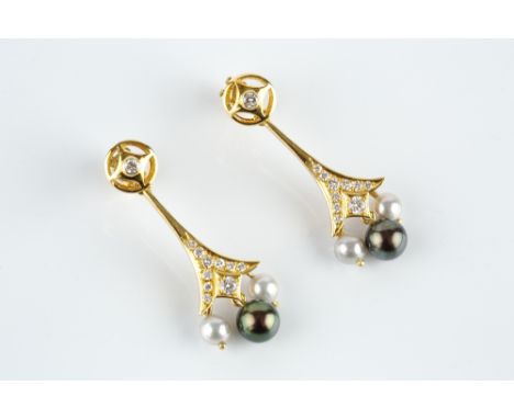 A PAIR OF CULTURED PEARL AND DIAMOND EAR PENDANTS, each suspending a trio of black and grey cultured pear drops, from a taper