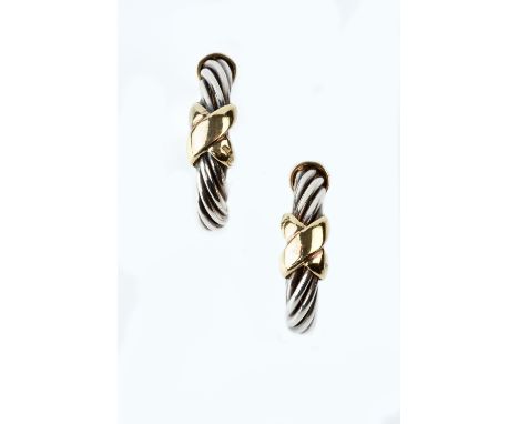 A PAIR OF EAR HOOPS BY TIFFANY &amp; CO, each twisted hoop applied with an X motif, on stud fittings, signed and hallmarked f