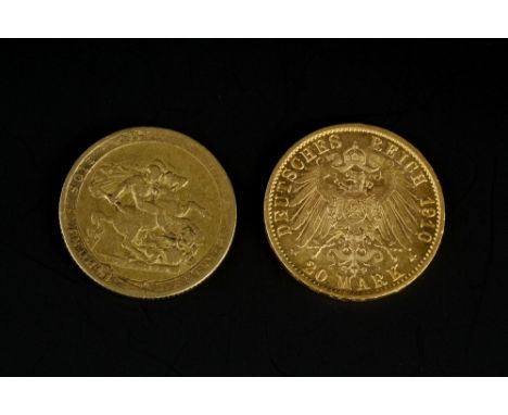 A GEORGE III SOVEREIGN, dated 1820, and a German 20 Mark gold coin, dated 1910 (2)