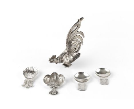 A CONTINENTAL SILVER MODEL of a cockerel, import marks for London 1960, 14cm high, 3.5 oz; together with four silver commemor