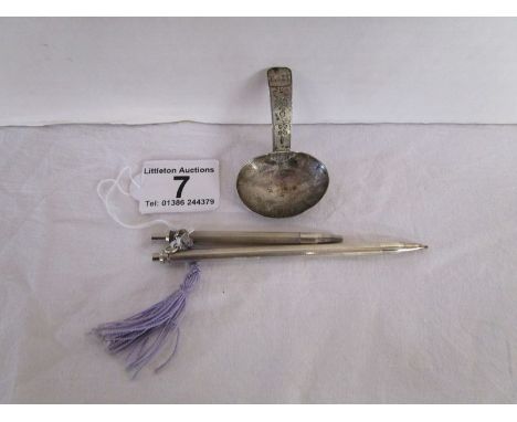 2 silver pens &amp; small silver ladle