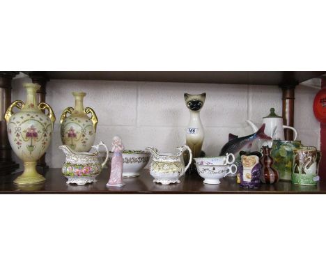 Shelf of ceramics to include pair of Crown Devon blush ivory vases