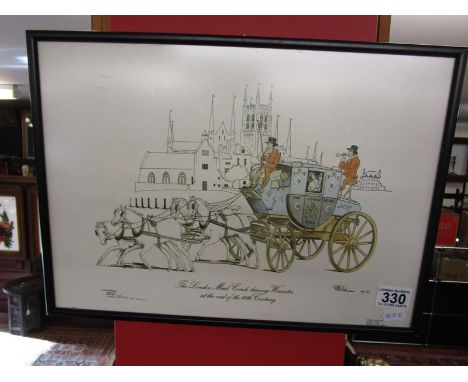 Signed print - The London Mail Coach leaving Worcester at the end of the 18C