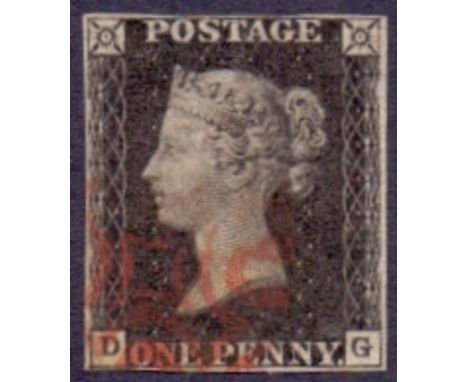 STAMPS : PENNY BLACK Plate 5 (DG), close four margin Black with a light red Maltese Cross.