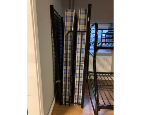 A childs metal bunk bed frame, white legs with a black frame, to include two single mattressesStock images are not representa