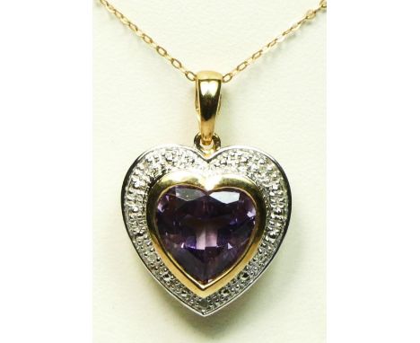 A 9ct gold, amethyst and diamond heart shape pendant, chain, 17 x 17mm, 4.6gm 