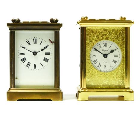 A French 8 day carriage clock, brass case with bevel edge glass panels, movement stamped Overdrey &amp; Bloquel France, 7 jew