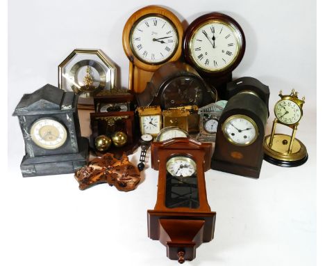 Three boxes of mantel & wall clocks, to include - Smiths bakelite, a Victorian slate mantel clock, a French mahogany inlaid m