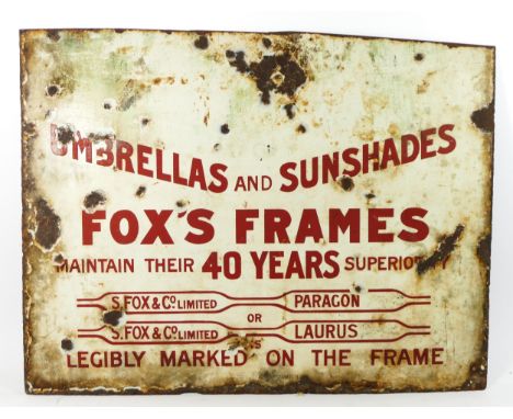 A single sided enamel sign, Fox's Frames, advertising Umbrellas and Sunshades, 55cm x 44cm 