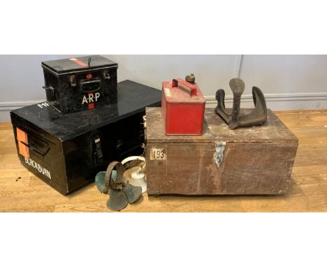 A metal travelling trunk, lockable, together with a smaller metal box, decorated with A.R.P., also including butlers bells, a