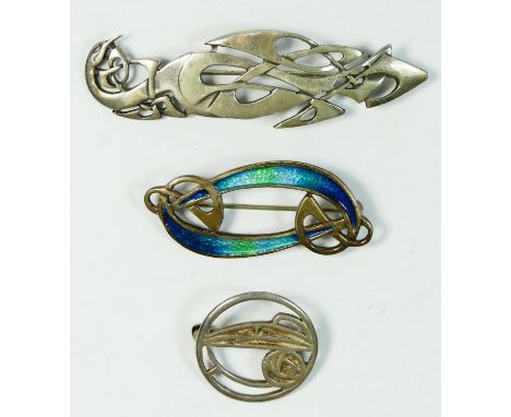 A 925 silver and enamel Art Nouveau style brooch, an Archibald Knox inspired peacock brooch and another brooch, 16gm 