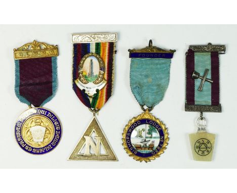 Three silver and enamel Masonic Lodge jewels, including Portsdown Royal Ark Mariners, no. 739 and a Keystone medal, 100gm 