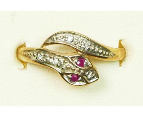 A 9ct gold ruby and diamond snake ring, P, 1.1gm 