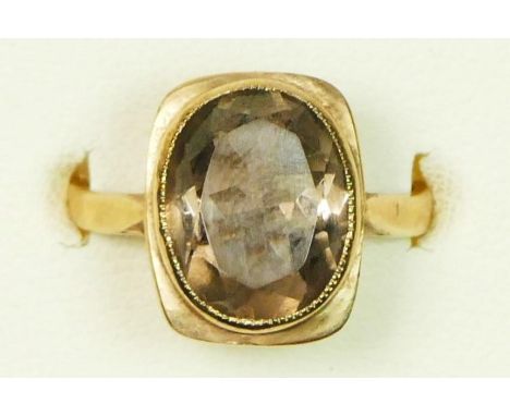 A vintage 9ct rose gold and smokey quartz dress ring, milligrain collet set stone, 12 x 9mm, M, 3.5gm 