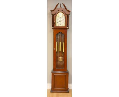A modern westminster chime longcase clock, the mahogany case with brass arch dial embossed gilt decoration with roman numeral