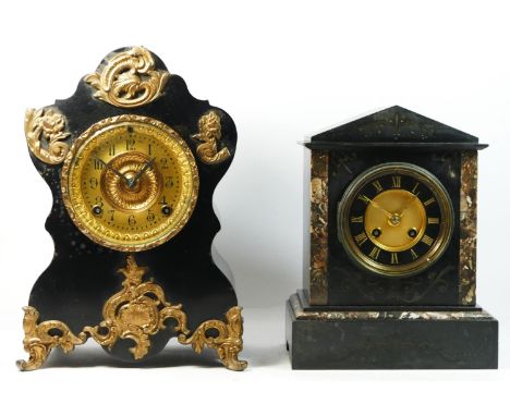 A late 19th century Ansonia mantel clock, cast metal case with faux wood design in the Rococo style, the painted and gilded d
