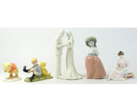 Two Royal Doulton Winnie The Pooh figural groups, (boxed) together with a Royal Albert figurine, a Nao model of a girl, and a