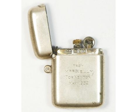 Trench Art, a silver vesta case converted to a petrol lighter, London 1921, with presentation inscription 