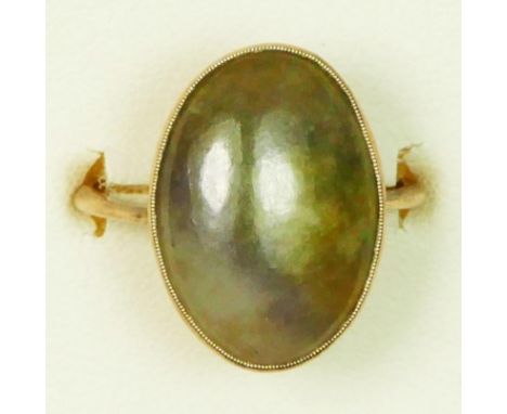 A vintage rose gold and moss agate dress ring, milligrain collet set, 18 x 14mm, M, 3.4gm 