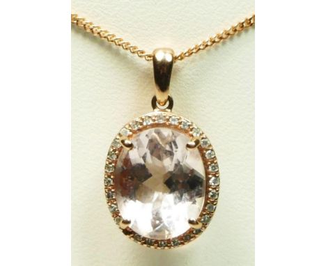A 9ct rose gold morganite and diamond cluster pendant, 15 x 12mm, chain, 4.2gm 