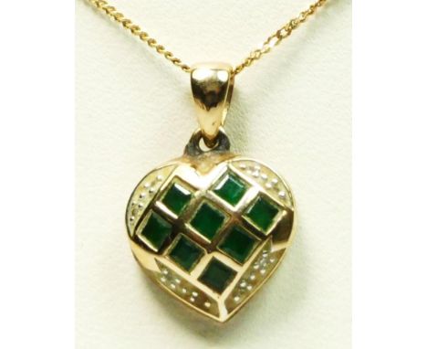 A 9ct gold emerald and brilliant cut diamond heart shape pendant, chain 2gm 