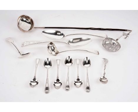 A selection of Georgian and later silver cutlery, including: an Edwardian silver toddy ladle, by George Nathan &amp; Ridley H