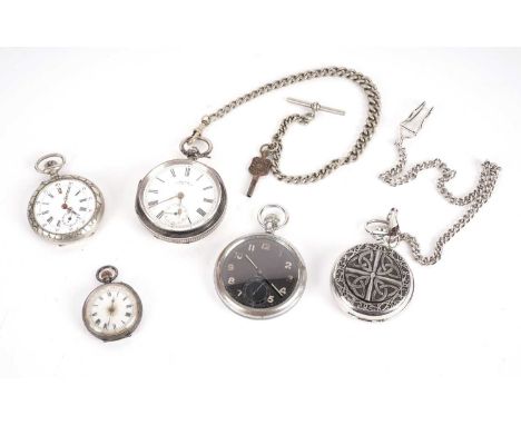 A selection of pocket watches, including: a Doxa military pocket watch; a silver open face pocket watch; a Kay's Famous Lever