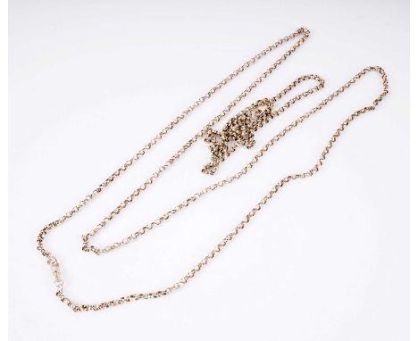 A yellow gold muff chain and triple strand bracelet, originally one chain, tests at approximately 9ct gold, 49.5g gross.