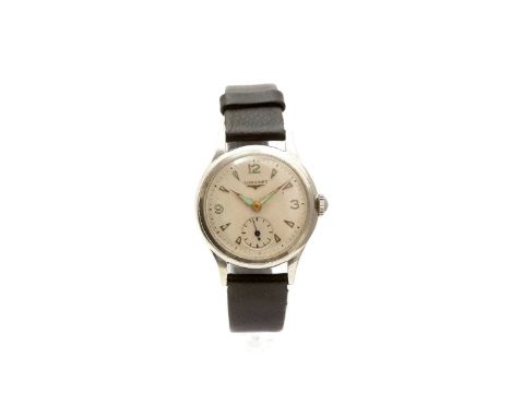Longines: a steel cased manual wind wristwatch, the white dial with 12, 3, 9 Arabic and triangular-baton numerals and subsidi