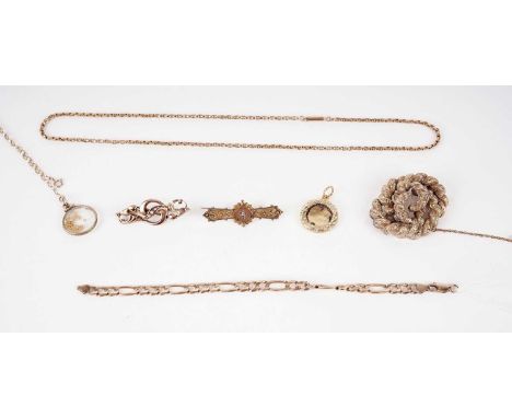 A collection of gold and other jewellery, including: a Victorian diamond and 9ct gold bar brooch; an Edwardian seed pearl 9ct