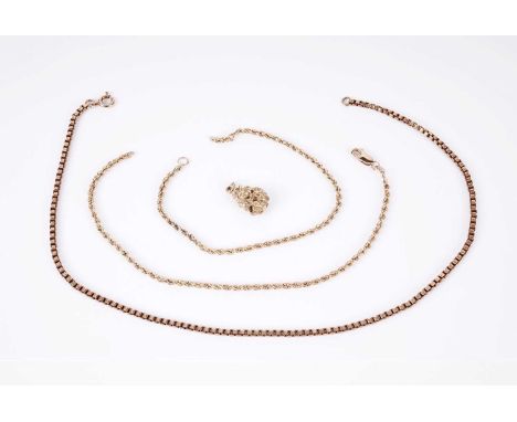 A 9ct yellow gold box link chain, stamped '9K' to clasp, 39cms long; together with a 9ct gold fancy twist link chain necklace