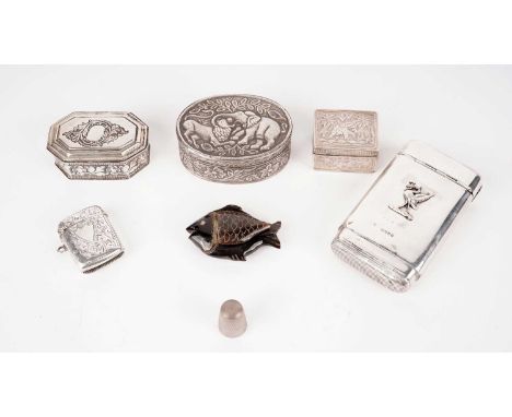 A selection of silver and other boxes, including: an Edwardian silver vesta case; an Indian oval white metal trinket box; a V