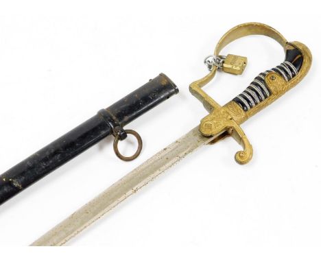 A Nazi style sword, with plain curved blade and shaped handle, with scroll hilt and hand guard and leaf capped pommel, bearin