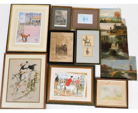 A group of hunting and other pictures and prints, to include After Edwards, The Shadow print, 12cm x 18cm, various other hunt