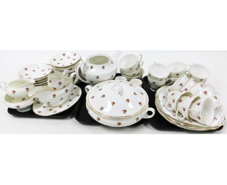 A Harleigh bone china part tea service, depicting roses, to include, cups, saucers, gravy boat, teapot, side plates, tureen, 