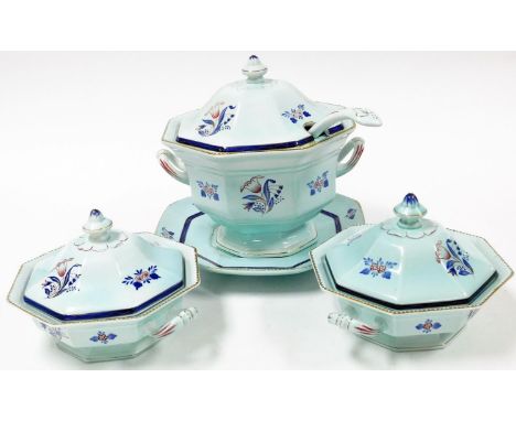 An Adams Calyx ware part dinner service, on a blue ground decorated with red and blue flowers, comprising two small tureens a