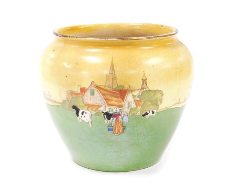 A Frank Beardmore Sussex Homestead Sutherland art ware Fenton jardiniere, transfer printed with milkmaid, cattle and spire on
