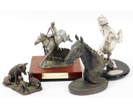 Various horse related statues, Southwell horse racing trophy entitled Southwell Winner, showing figure jumping fence, 25cm hi