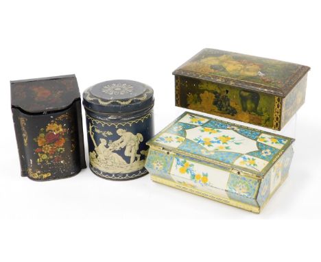 Four vintage tins, comprising one made by Nigel Manners and Wallace of Mansfield with man and woman and animals, another with