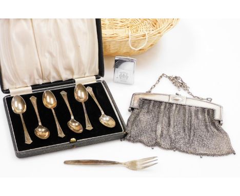 A Zippo Blackpool FC cigarette lighter, chain mail evening purse, Rostfrei Esmeyer fork, cased set of six silver teaspoons, a