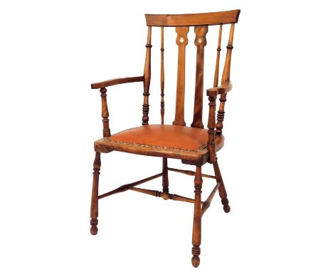 A walnut side chair, with shield back, and mother of pearl inlay, on bobbin turned legs with H stretcher and faux leather bro