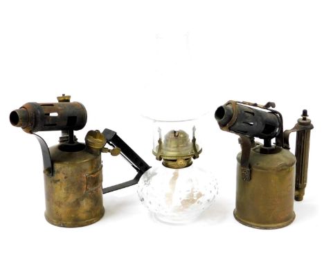 Various metalware, a brass Original vintage blow lamp, 22cm high, another with crows foot marked 1982 Parasene and a glass la
