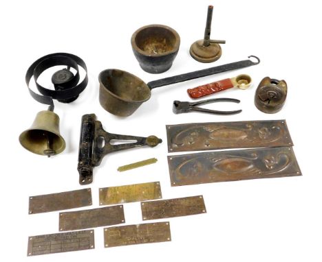 Various metalware, etc., Art Nouveau letter box front 27cm wide, bell, padlock and key, plaques, pestle, etc. (a quantity)